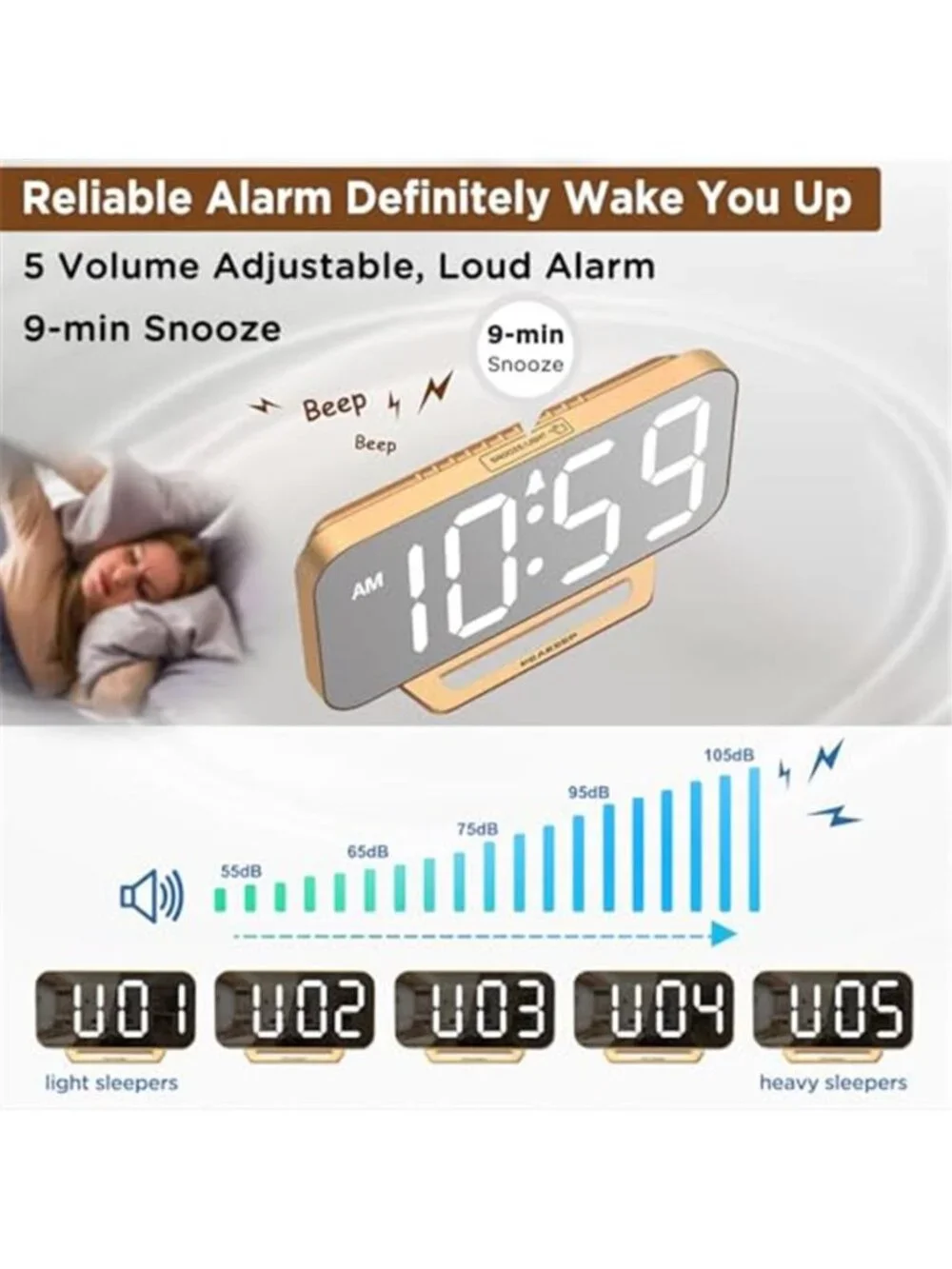 Digital Alarm Clock Large LED Display Mirror Dimmer Heavy Sleeper Gold